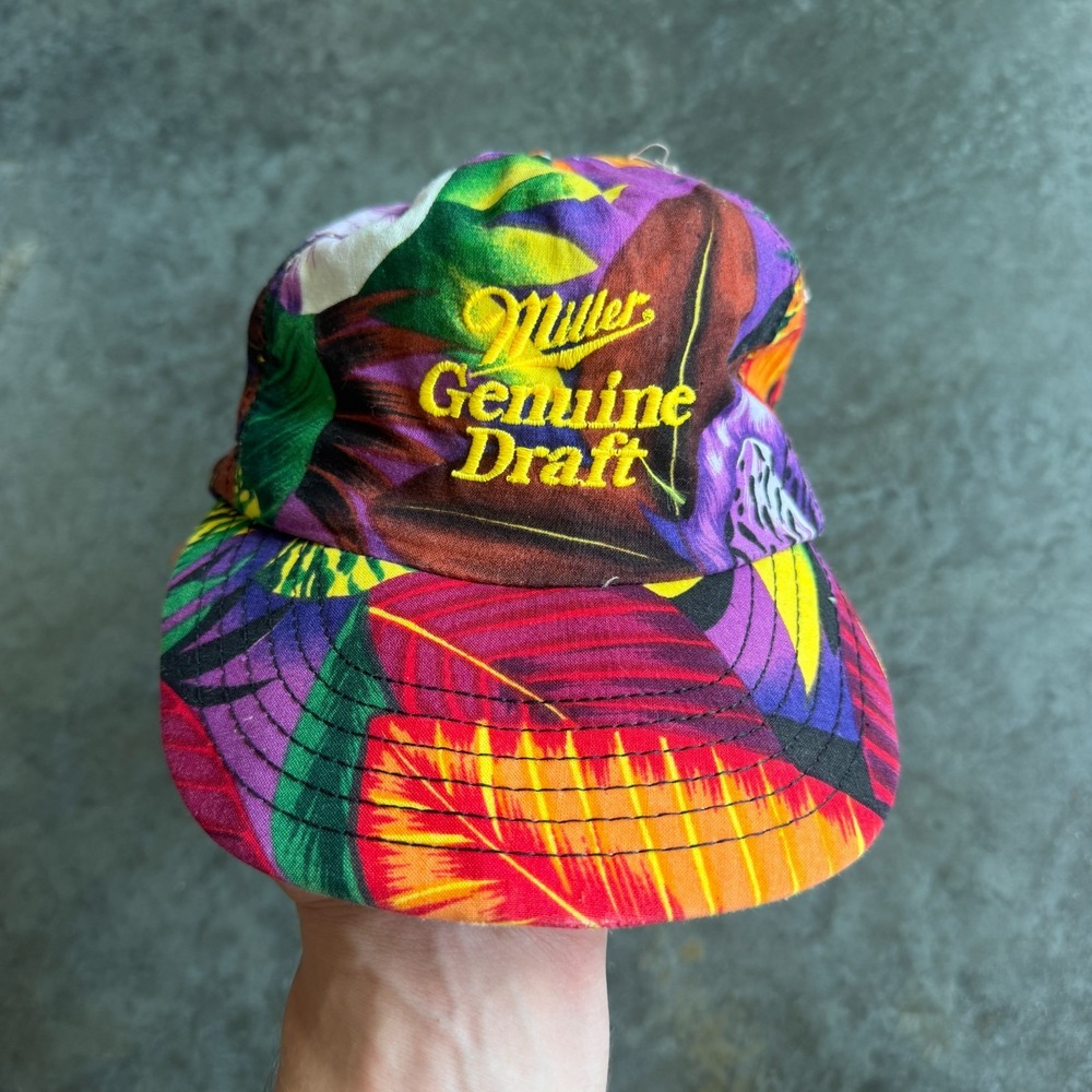 Vintage 80s 90s Miller Genuine Draft Beer Floral Tropical Snapback Hat Cap OSFA